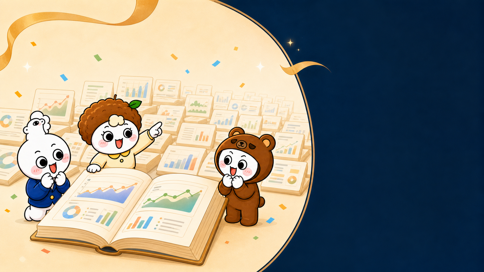 JNC 캐릭터들이 방대한 전체 리서치 자료를 살펴보는 일러스트
