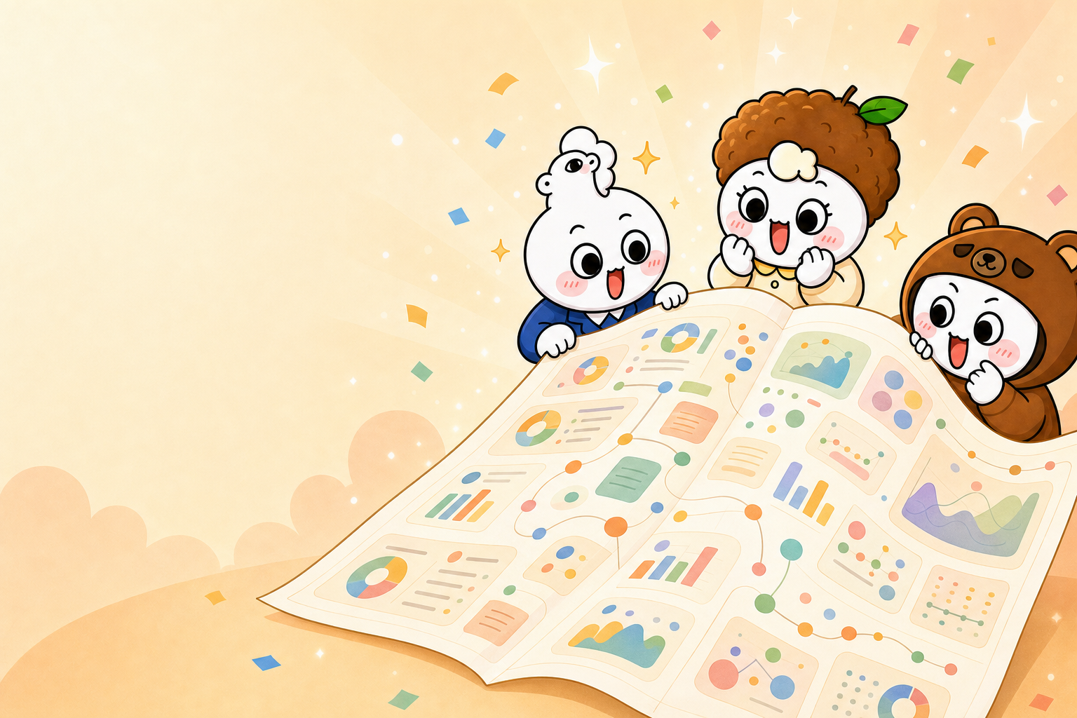 JNC Holdings 가족방 캐릭터가 넓은 리서치 지도를 펼쳐 보는 모습